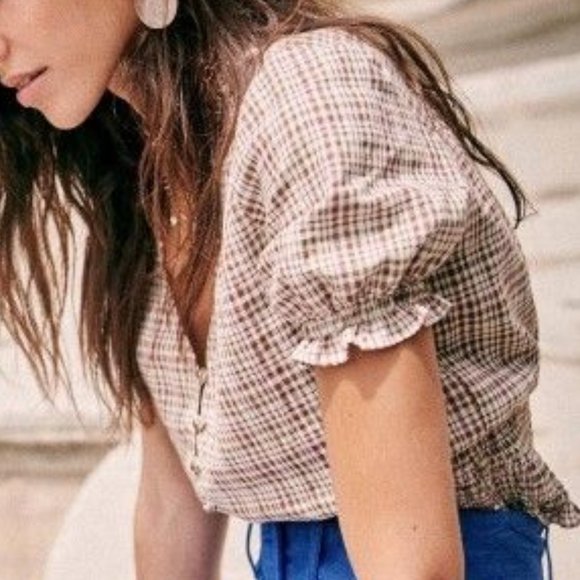 Sezane Tops - Sezane Feliz Blouse in Beige/brown Squares